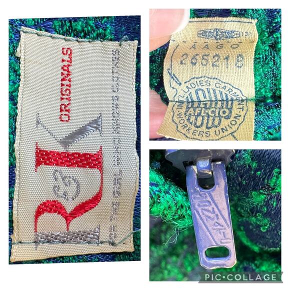 Vintage 1950's R&K Originals brocade blue and green wide neckline dress size XS - Picture 12 of 15